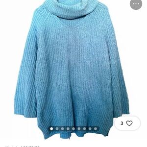 Light Blue Oversized Cowl Neck Sweater with Pom-Pom Hem